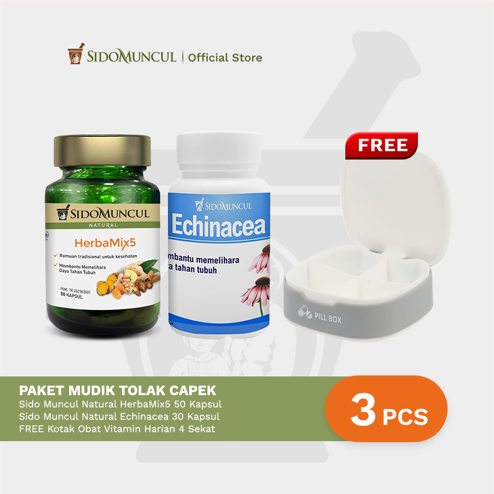 Paket Mudik Tolak Capek : Sido Muncul Natural HerbaMix5 + Sido Muncul Herbal Echinacea 30'k Free Kotak Obat Vitamin Harian 4 Sekat