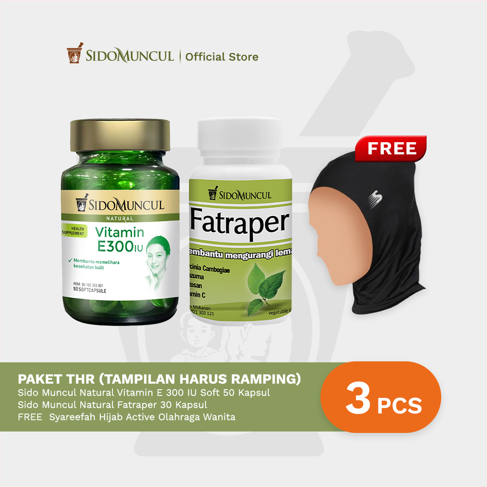 Paket THR ( Tampilan Harus Ramping ) : Sido Muncul Natural Vitamin E 300 + Sido Muncul Natural Fatraper 30K Free Syareefah Hijab Active Olahraga Wanita