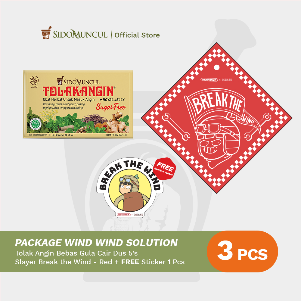Package Wind Wind Solution 7 - Tolak Angin Bebas Gula Cair Dus 5's Herbal + Slayer Free Sticker