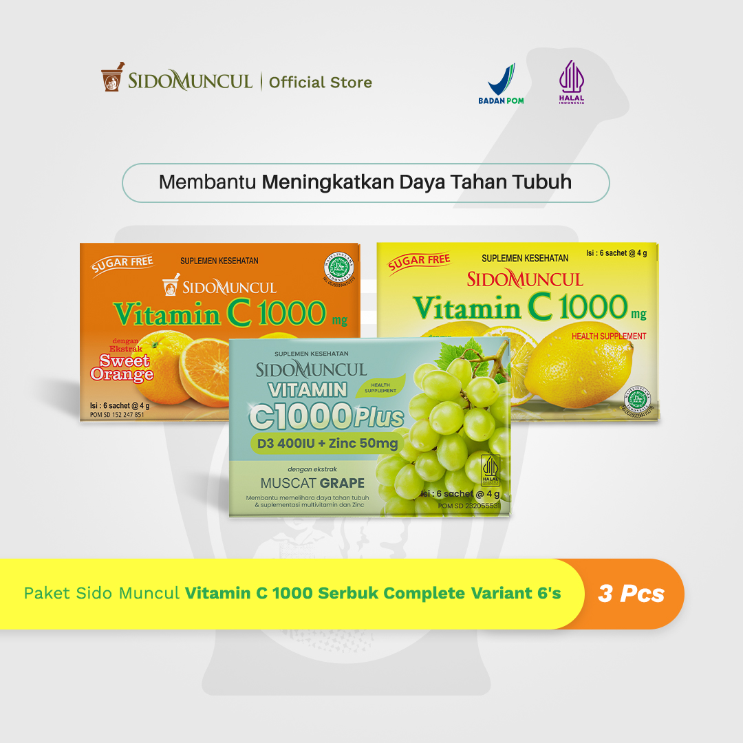 Paket Sido Muncul Vitamin C 1000 Serbuk Complete Variant 6's - Jaga Daya Tahan Tubuh
