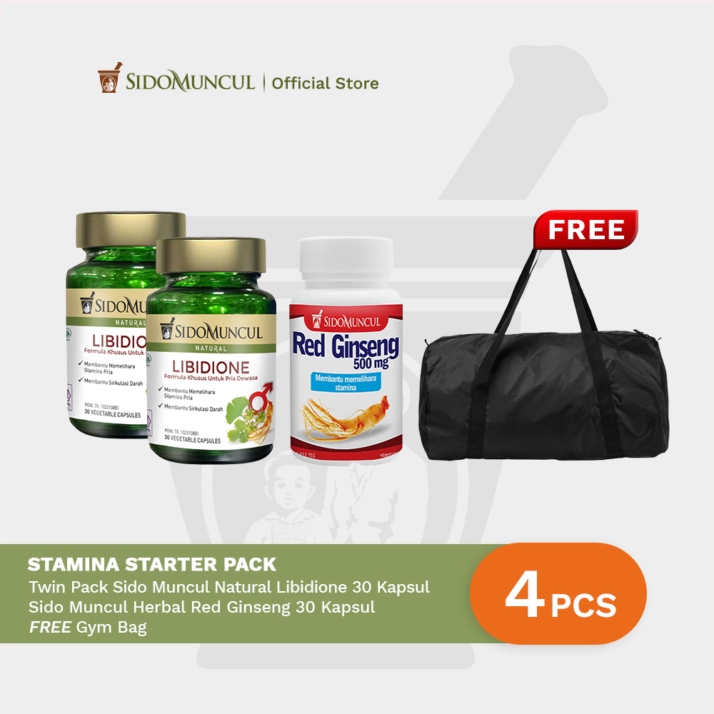 Stamina Starter Pack : Twin Pack Sido Muncul Libidione 30 Kapsul - Membantu memelihara stamina pria dan secara tradisional digunakan untuk membantu sirkulasi darah + Sido Muncul Herbal Red Ginseng 30'k - Membantu Stamina Pria Free Gymbag