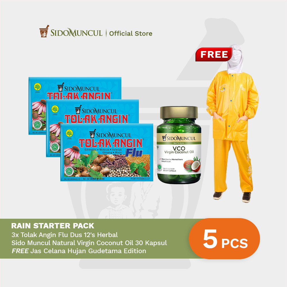 Rain Starter Pack : 3x Tolak Angin Flu 12's Mengatasi Flu Gejala Pilek Batuk Demam Pusing + Sido Muncul Natural Virgin Coconut Oil Soft Capsule 30 Kapsul Free Jas Celana Hujan Gudetama Edition