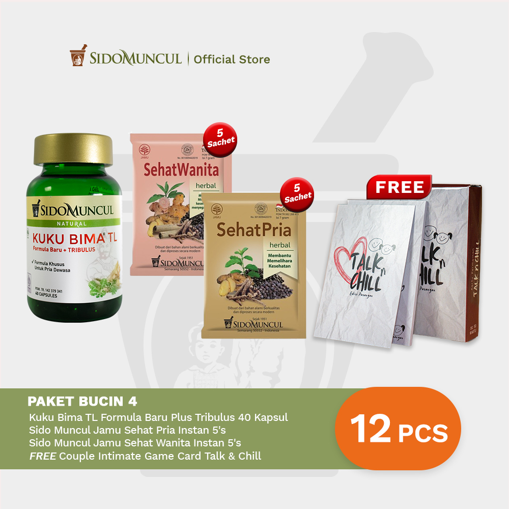 Paket BUCIN 4 : Kuku Bima TL Formula Baru Plus Tribulus 40 Kapsul - Membantu Memelihara Stamina dan Kesehatan + Jamu Sehat Pria Instan 5's - Menjaga Daya Tahan Tubuh + Jamu Sehat Wanita Instan 5's Free Couple Intimate Game Card Talk & Chill
