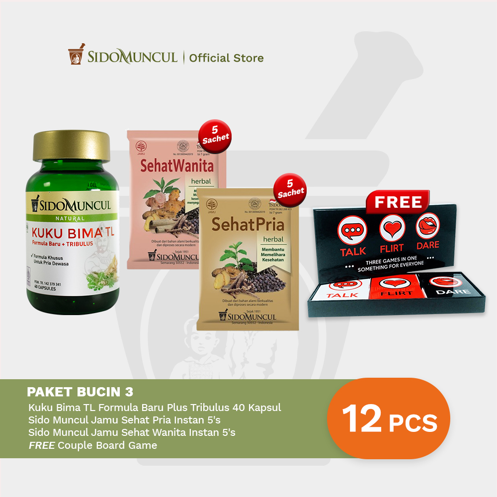 Paket BUCIN 3 : Kuku Bima TL Formula Baru Plus Tribulus 40 Kapsul - Membantu Memelihara Stamina dan Kesehatan + Jamu Sehat Pria Instan 5's - Menjaga Daya Tahan Tubuh + Jamu Sehat Wanita Instan 5's Free Couple Board Game