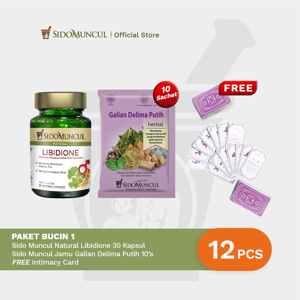 Paket BUCIN 1 : Sido Muncul Libidione 30 Kapsul - Membantu memelihara stamina pria dan secara tradisional digunakan untuk membantu sirkulasi darah + Sido Muncul Jamu Galian Delima Putih 10's - Keputihan Wanita Free Gift Intimacy Card