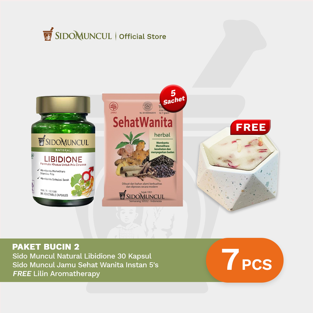 Paket BUCIN 2 : Sido Muncul Libidione 30 Kapsul - Membantu memelihara stamina pria dan secara tradisional digunakan untuk membantu sirkulasi darah + Jamu Sehat Wanita Instan 5's - Daya Tahan & Peredaran Darah Lancar Free Lilin Aromatherapy