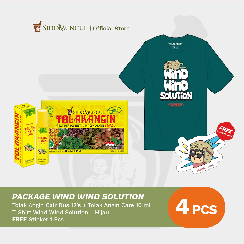 Package Wind Wind Solution 2 - Tolak Angin Cair Dus 12's Herbal + Tolak Angin Care 10 ml Minyak Angin Aromaterapi + Kaos Wind Wind Solution Hijau Free Sticker