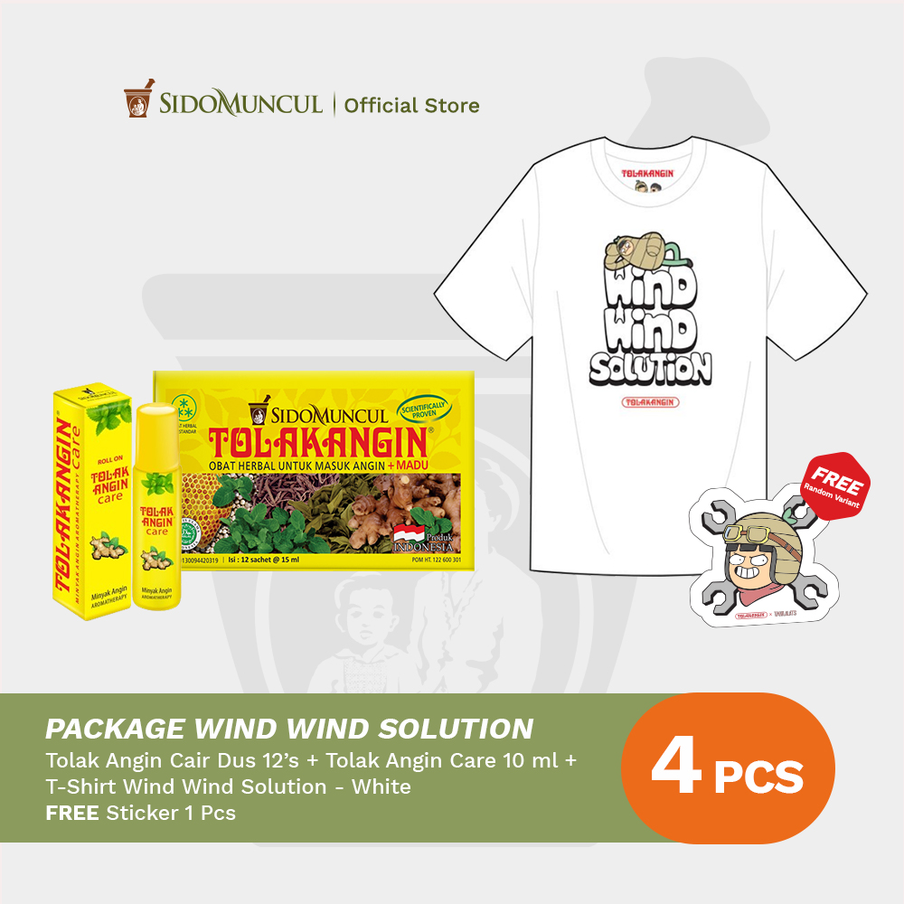Package Wind Wind Solution 1 - Tolak Angin Cair Dus 12's Herbal + Tolak Angin Care 10 ml Minyak Angin Aromaterapi + Kaos Wind Wind Solution Putih Free Sticker