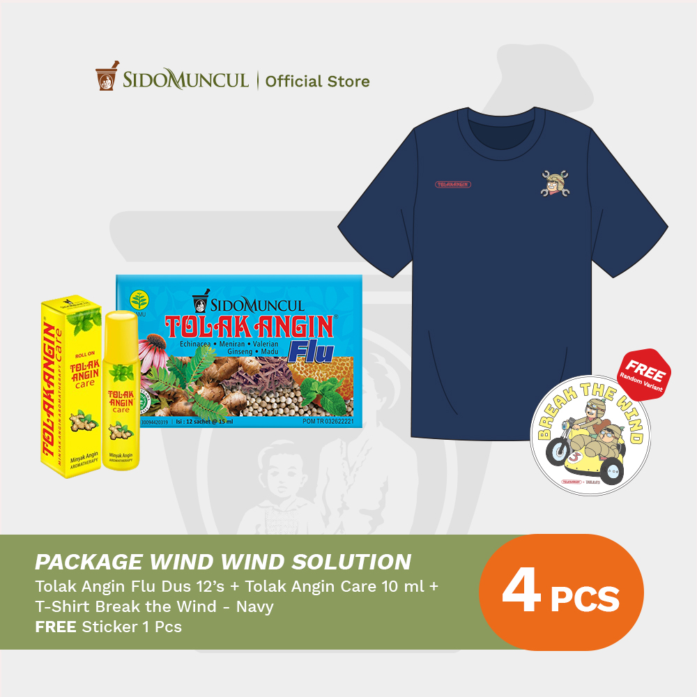 Package Wind Wind Solution 5 - Tolak Angin Flu 12's + Tolak Angin Care 10 ml Minyak Angin Aromaterapi + Kaos Break the Wind Navy Free Sticker