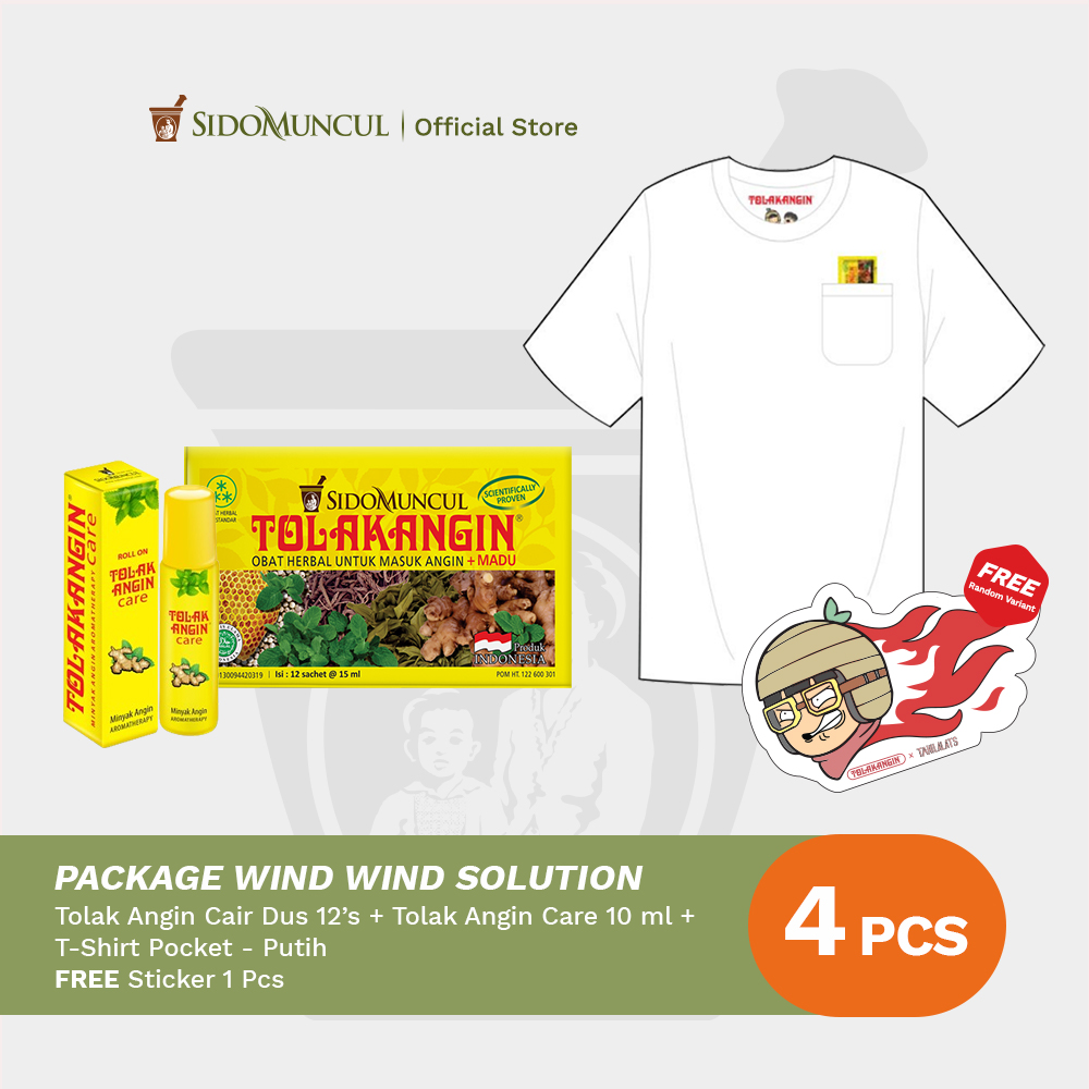 Package Wind Wind Solution 3 - Tolak Angin Cair Dus 12's Herbal + Tolak Angin Care 10 ml Minyak Angin Aromaterapi + Kaos Pocket Putih Free Sticker