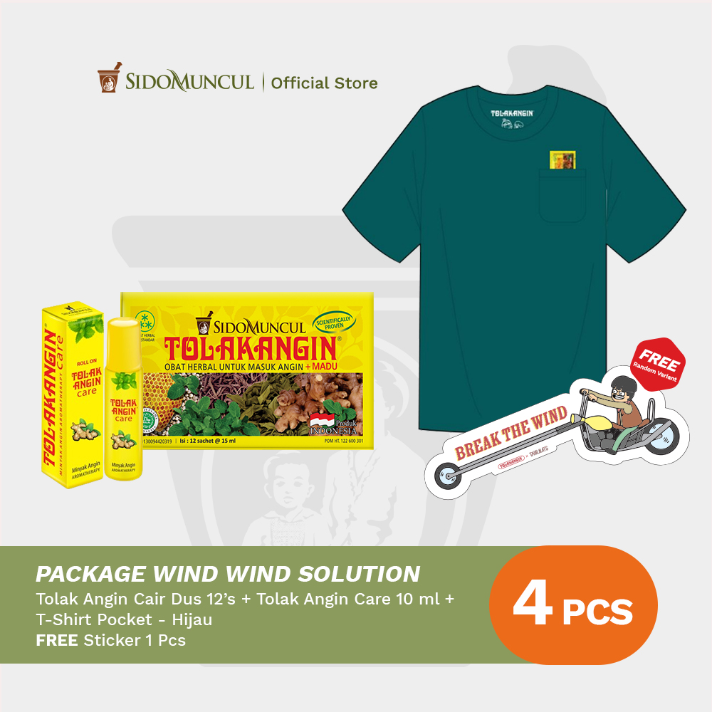 Package Wind Wind Solution 4 - Tolak Angin Cair Dus 12's Herbal + Tolak Angin Care 10 ml Minyak Angin Aromaterapi + Kaos Pocket Hijau Free Sticker