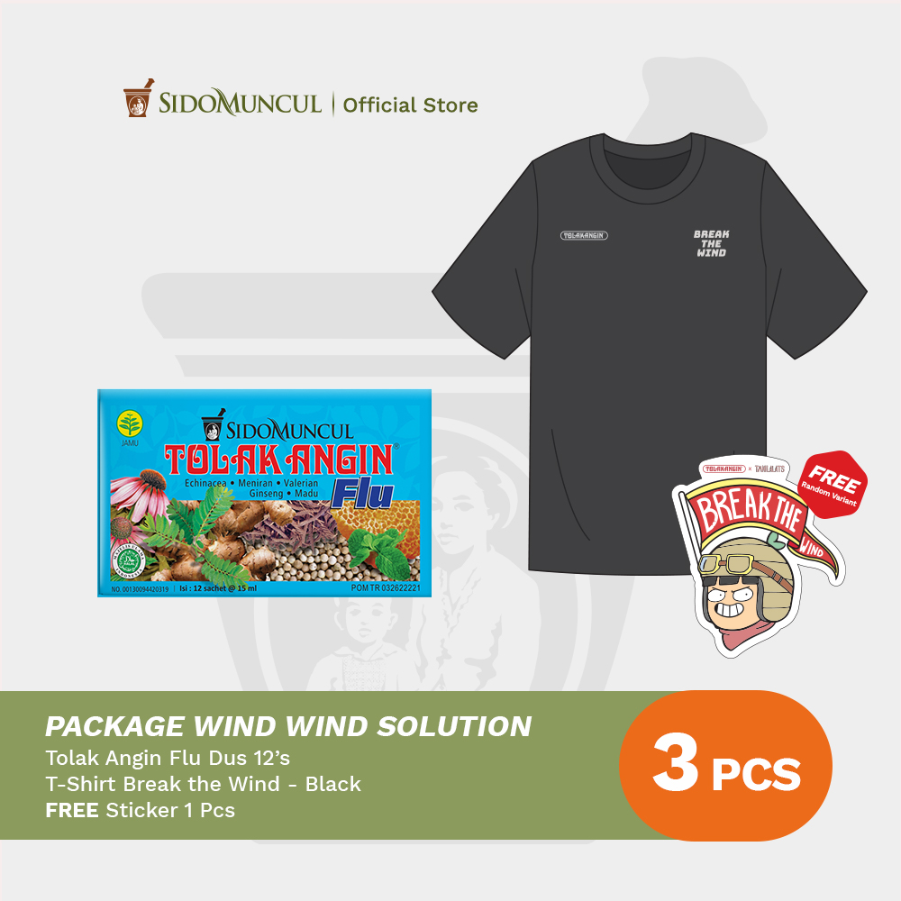 Package Wind Wind Solution 6 - Tolak Angin Flu 12's + Kaos Break the Wind Black Free Sticker