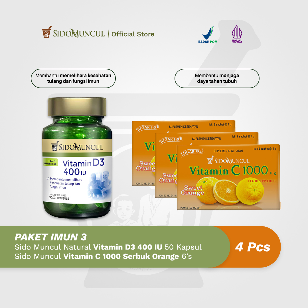 Paket Imun 3 - Sido Muncul Natural Vitamin D3 400 + Vit C1000 Orange