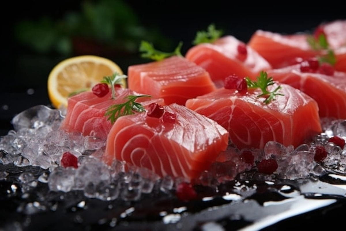 Sushi ikan mentah dengan irisan lemon