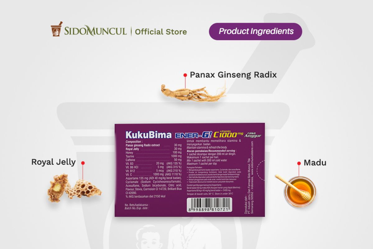 produk Kuku Bima Ener-G Vit C1000 rasa anggur dan komposisinya